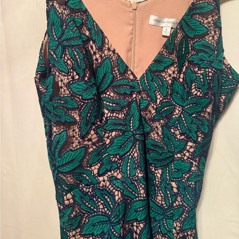 Dress the Population Green Lace Overlay Dress with Nude Underlay
